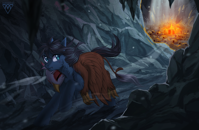 Size: 1530x1000 | Tagged: safe, artist:margony, derpibooru import, oc, oc:gretchen, oc:quicksilver, unofficial characters only, gryphon, pegasus, pony, carrying, commission, digital art, duo, female, male, running, scenery, signature, stallion