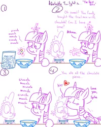 Size: 1280x1611 | Tagged: safe, artist:adorkabletwilightandfriends, derpibooru import, spike, twilight sparkle, twilight sparkle (alicorn), alicorn, dragon, pony, comic:adorkable twilight and friends, adorkable twilight, bowl, chocolate, comic, cute, disappointed, disappointment, family, food, forehead kiss, humor, kissing, lineart, love, mama twilight, mouth, nuts, platonic kiss, pure unfiltered evil, tongue out, trail mix, upset