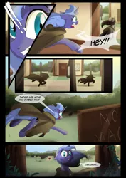 Size: 1240x1754 | Tagged: safe, artist:lunarcakez, derpibooru import, princess luna, oc, oc:mazzy, earth pony, pony, comic:the origins of hollow shades, cloak, clothes, comic, female, mare, s1 luna, tree