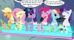 Size: 2335x1273 | Tagged: suggestive, artist:darktailsko, artist:placeholder, color edit, derpibooru import, edit, applejack, fluttershy, pinkie pie, queen chrysalis, rainbow dash, rarity, starlight glimmer, twilight sparkle, twilight sparkle (alicorn), alicorn, earth pony, parasprite, pegasus, pony, unicorn, body writing, bondage, brush, colored, commission, crying, dialogue, erotic tickling, eyes closed, feather, female, females only, femdom, femsub, fetish, freckles, hairbrush, hoof fetish, hoof tickling, horn crystals, implied chrysalis, implied starlight glimmer, laughing, levitation, licking, magic, magic suppression, mane six, mare, misspelling, one eye closed, open mouth, paint, paintbrush, painting, pen, revenge, rope, rope bondage, speech bubble, stocks, submissive, tears of laughter, telekinesis, tickle fetish, tickle torture, tickling, tongue out, twisub, underhoof, wall of tags