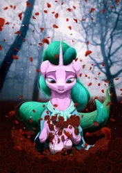 Size: 1650x2333 | Tagged: safe, artist:samum41, derpibooru import, mistmane, pony, unicorn, crying, female, flower, forest, mare, petals, rose, solo, tears of pain