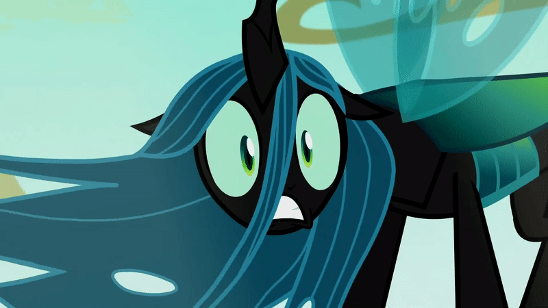 Size: 800x450 | Tagged: ..., animated, anxiety, changeling, changeling queen, confused, cute, cutealis, derpibooru import, edit, edited screencap, faic, fear, female, flapping, former queen chrysalis, frown, gif, gritted teeth, loop, mare, oh crap, oh crap face, queen chrysalis, reaction image, safe, scared, screencap, season 6, shocked, shrunken pupils, solo, spread wings, standing, to where and back again, wavy mane, wide eyes, wings, worried