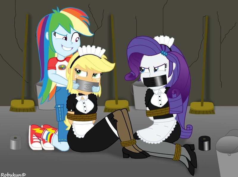 Size: 1037x770 | Tagged: questionable, artist:robukun, derpibooru import, applejack, rainbow dash, rarity, equestria girls, bondage, bound and gagged, clothes, converse, gag, maid, maidjack, rope, sadomasochism, shoes, tape gag, tied up