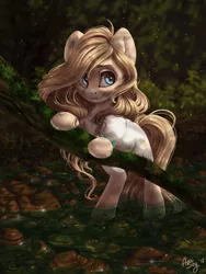 Size: 3039x4052 | Tagged: safe, artist:amishy, derpibooru import, oc, unofficial characters only, earth pony, pony, bipedal, bipedal leaning, bracelet, commission, digital art, female, forest, high res, jewelry, leaning, mare, scenery, signature, smiling, solo, standing in water, tree branch, water, ych result