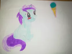 Size: 992x744 | Tagged: safe, artist:cmc--scootaloo, derpibooru import, liza doolots, petunia, tootsie flute, unicorn, adorable face, atg 2018, aura, cute, female, filly, foal, food, heat, ice cream, ice cream cone, magic, newbie artist training grounds, pistachio (ice cream), sitting, smiling, solo, summer, tootsie cute, traditional art