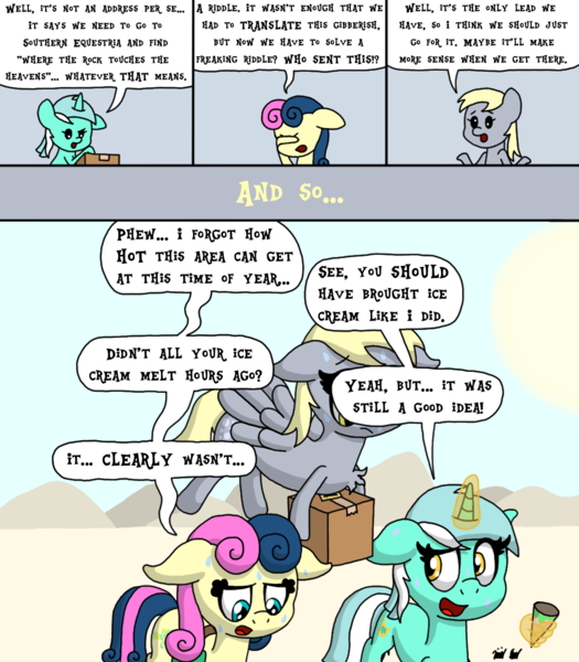 Size: 1050x1200 | Tagged: safe, artist:bjdazzle, derpibooru import, bon bon, derpy hooves, lyra heartstrings, sweetie drops, earth pony, pegasus, pony, unicorn, comic:accidental transit guardians, atg 2018, box, chibi, comic, confusion, delivery, desert, disgruntled, female, flying, hand, hot, ice cream cone, magic, magic hands, mare, newbie artist training grounds, package, riddle, shrug, southern equestria, summer, sun, sweat, that pony sure does love hands