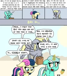 Size: 1050x1200 | Tagged: safe, artist:bjdazzle, derpibooru import, bon bon, derpy hooves, lyra heartstrings, sweetie drops, earth pony, pegasus, pony, unicorn, comic:accidental transit guardians, atg 2018, box, chibi, comic, confusion, delivery, desert, disgruntled, female, flying, hand, hot, ice cream cone, magic, magic hands, mare, newbie artist training grounds, package, riddle, shrug, southern equestria, summer, sun, sweat, that pony sure does love hands