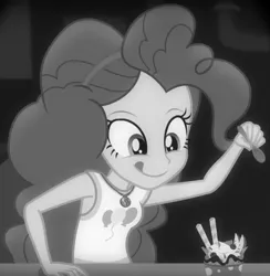 Size: 655x670 | Tagged: safe, derpibooru import, screencap, pinkie pie, equestria girls, equestria girls series, rarity investigates: the case of the bedazzled boot, cropped, cute, diapinkes, frozen yogurt, geode of sugar bombs, grayscale, monochrome, noir, rarity investigates (eqg): pinkie pie, solo, spoon, tongue out