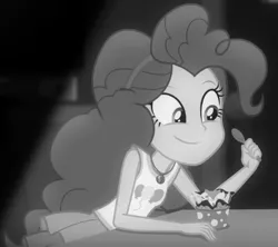 Size: 484x430 | Tagged: safe, derpibooru import, screencap, pinkie pie, equestria girls, equestria girls series, rarity investigates: the case of the bedazzled boot, cropped, cute, diapinkes, frozen yogurt, geode of sugar bombs, grayscale, monochrome, noir, rarity investigates (eqg): pinkie pie, solo, spoon