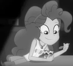 Size: 465x416 | Tagged: safe, derpibooru import, screencap, pinkie pie, equestria girls, equestria girls series, rarity investigates: the case of the bedazzled boot, cropped, cute, diapinkes, frozen yogurt, geode of sugar bombs, grayscale, looking down, monochrome, noir, rarity investigates (eqg): pinkie pie, solo, spoon