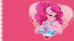 Size: 1920x1080 | Tagged: safe, artist:hiloumuns, derpibooru import, edit, pinkie pie, anthro, earth pony, clothes, female, heart, heart hands, lip bite, one eye closed, solo, tanktop, wallpaper, wallpaper edit, wink