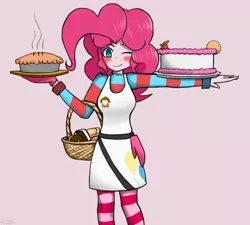 Size: 1200x1078 | Tagged: safe, artist:genericmlp, derpibooru import, pinkie pie, equestria girls, basket, blushing, cake, clothes, female, food, one eye closed, pie, solo, wink