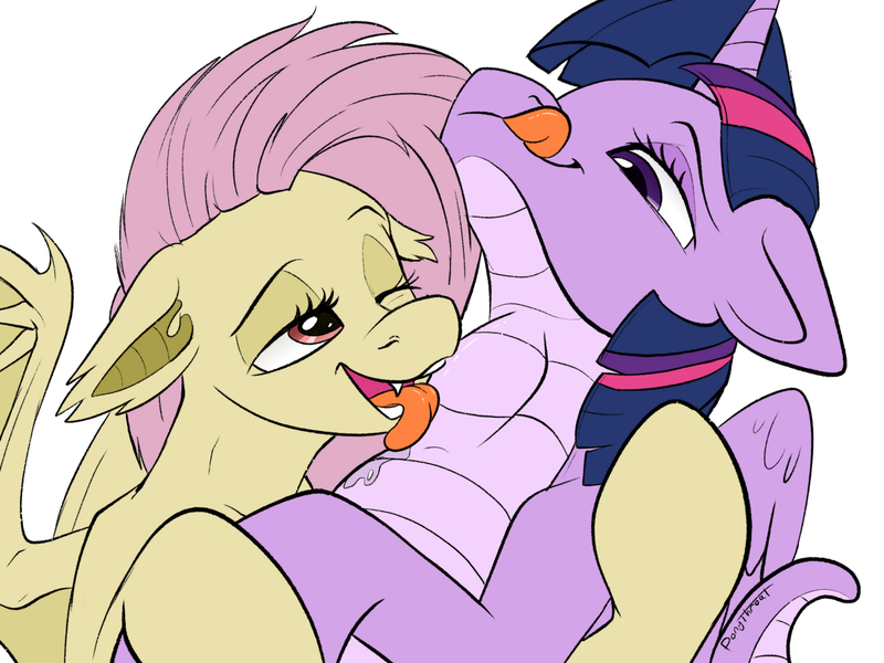 Size: 1280x960 | Tagged: questionable, artist:ponythroat, artist:suspega, derpibooru import, fluttershy, twilight sparkle, twilight sparkle (alicorn), alicorn, bat pony, lamia, original species, bulge licking, colored, female, fetish, floppy ears, flutterbat, lesbian, licking, licking lips, neck licking, one eye closed, race swap, shipping, species swap, swallowing, throat bulge, tongue out, twilamia, twilight snakle, twipred, twishy, vore