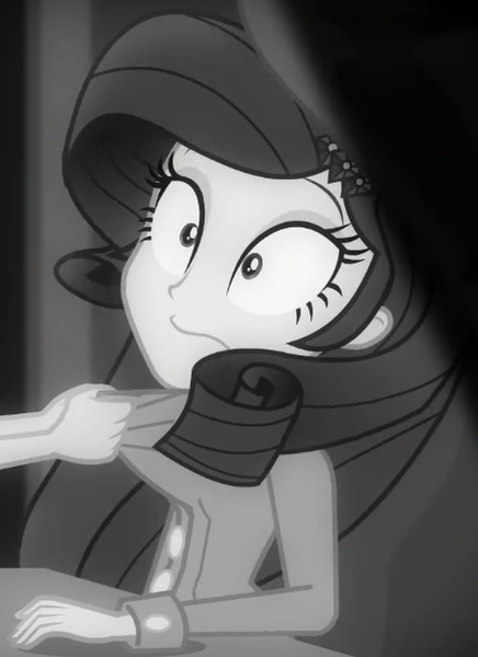 Size: 437x601 | Tagged: safe, derpibooru import, screencap, rarity, equestria girls, equestria girls series, rarity investigates: the case of the bedazzled boot, cropped, detective rarity, discombobulated, grayscale, monochrome, noir, offscreen character, rarity investigates (eqg): pinkie pie, solo focus