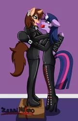 Size: 1524x2350 | Tagged: suggestive, artist:zenni millano, derpibooru import, twilight sparkle, twilight sparkle (alicorn), oc, oc:chloe adore, alicorn, anthro, unicorn, ballet boots, ballgag, bdsm, bodysuit, bondage, bondage mitts, boots, bound wings, breasts, clothes, collar, domination, dominatrix, ear piercing, earring, embracing, female, femdom, femsub, gag, gloves, high heel boots, high heels, horn ring, implied lesbian, jewelry, latex, latex suit, magic suppression, mittens, pendant, piercing, rubber, shoes, submissive, thigh boots