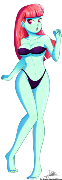 Size: 670x1930 | Tagged: suggestive, artist:the-butch-x, derpibooru import, part of a set, melon mint, equestria girls, background human, bandeau, barefoot, bikini, breasts, busty melon mint, butch's 3 summer girls, clothes, commission, feet, female, simple background, solo, solo female, swimsuit, transparent background