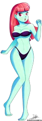Size: 670x1930 | Tagged: suggestive, artist:the-butch-x, derpibooru import, part of a set, melon mint, equestria girls, background human, bandeau, barefoot, bikini, breasts, busty melon mint, butch's 3 summer girls, clothes, commission, feet, female, simple background, solo, solo female, swimsuit, transparent background