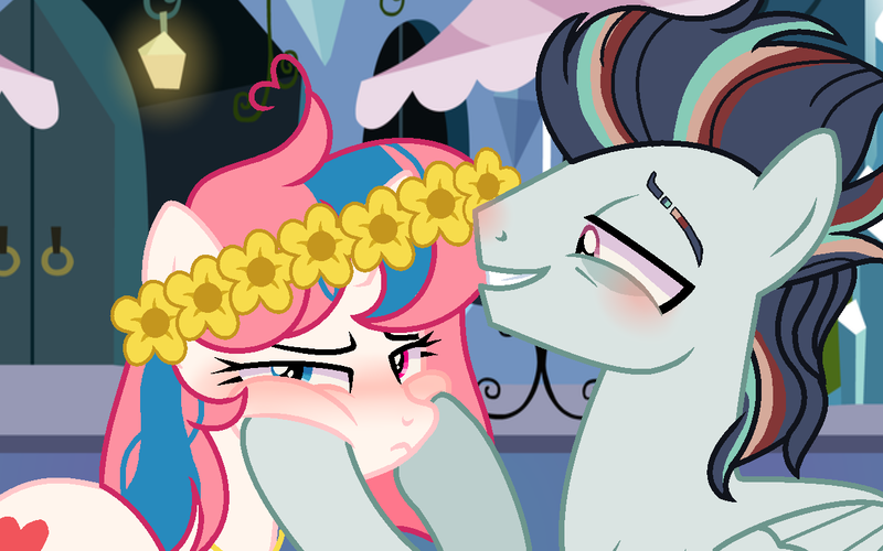 Size: 1228x768 | Tagged: safe, artist:moon-rose-rosie, derpibooru import, oc, oc:osphasi, oc:rainbow tornado, unofficial characters only, earth pony, pegasus, pony, base used, female, floral head wreath, flower, male, mare, squishy cheeks, stallion, unamused