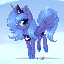 Size: 1920x1920 | Tagged: safe, artist:dsp2003, derpibooru import, princess luna, alicorn, pony, 30 minute art challenge, blushing, cloud, cute, female, filly, hoof shoes, looking at you, lunabetes, s1 luna, signature, smiling, solo, woona, young, younger