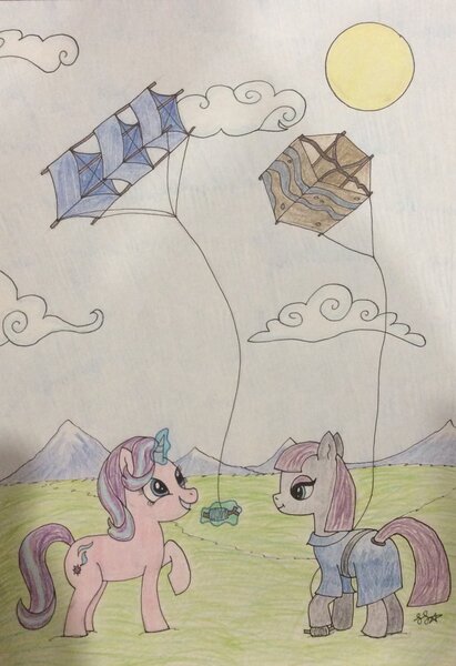 Size: 1024x1496 | Tagged: safe, artist:iistarshineii, derpibooru import, maud pie, starlight glimmer, earth pony, pony, unicorn, glowing horn, kite, kite flying, smiling, traditional art