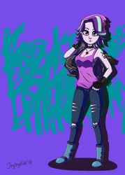 Size: 1434x1998 | Tagged: safe, artist:jeglegator, derpibooru import, starlight glimmer, equestria girls, alternative cutie mark placement, beanie, clothes, collar, edgelight glimmer, equal cutie mark, hat, jacket, leather jacket, piercing, solo, tanktop, teenage glimmer, teenager