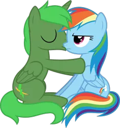 Size: 6400x6786 | Tagged: safe, artist:parclytaxel, derpibooru import, rainbow dash, oc, oc:green thunder, alicorn, pegasus, pony, .svg available, absurd resolution, alicorn oc, canon x oc, commission, denied, female, greendash, kissing, male, mare, never doubt blaa6 involvement, rainbow dash is not amused, shipping, simple background, sitting, stallion, straight, transparent background, unamused, vector