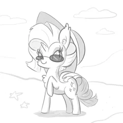 Size: 1650x1650 | Tagged: safe, artist:tjpones, derpibooru import, rarity, alicorn, bat pony, bat pony alicorn, pony, alicornified, bat ponified, beach, cheek fluff, chest fluff, ear fluff, fangs, female, hat, mare, monochrome, race swap, raised hoof, raricorn, sketch, smiling, solo, species swap, sun hat, sunglasses