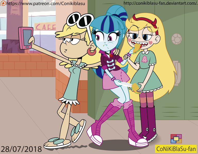 Size: 3687x2879 | Tagged: safe, artist:conikiblasu-fan, derpibooru import, sonata dusk, equestria girls, rainbow rocks, clothes, crossover, eating, female, food, leni loud, lockers, selfie, sonataco, star butterfly, star vs the forces of evil, taco, the loud house