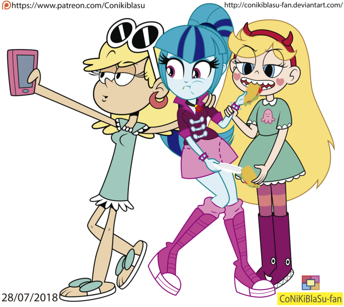 Size: 2943x2630 | Tagged: safe, artist:conikiblasu-fan, derpibooru import, sonata dusk, equestria girls, rainbow rocks, clothes, crossover, eating, female, food, leni loud, phone, selfie, simple background, sonataco, star butterfly, star vs the forces of evil, taco, the loud house, transparent background