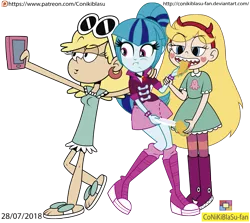 Size: 2943x2630 | Tagged: safe, artist:conikiblasu-fan, derpibooru import, sonata dusk, equestria girls, rainbow rocks, clothes, crossover, eating, female, food, leni loud, phone, selfie, simple background, sonataco, star butterfly, star vs the forces of evil, taco, the loud house, transparent background