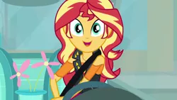 Size: 1280x720 | Tagged: safe, derpibooru import, screencap, sunset shimmer, driving miss shimmer, equestria girls, equestria girls series, cute, driving miss shimmer: fluttershy, female, fluttershy's car, seatbelt, shimmerbetes, smiling, solo, steering wheel