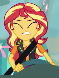 Size: 489x648 | Tagged: safe, derpibooru import, screencap, sunset shimmer, driving miss shimmer, equestria girls, equestria girls series, cropped, driving miss shimmer: fluttershy, female, geode of empathy, seatbelt, solo, steering wheel