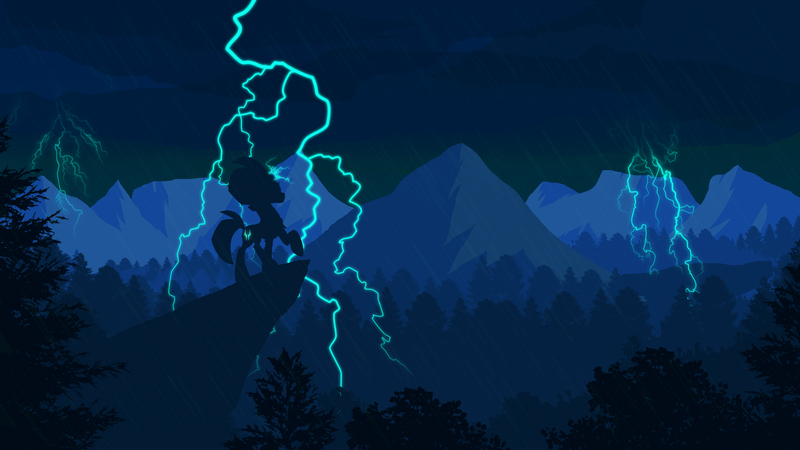 Size: 1920x1080 | Tagged: safe, artist:probaldr, derpibooru import, tempest shadow, pony, unicorn, broken horn, cliff, female, forest, hooves, horn, lightning, lineless, mare, mountain, rain, raised hoof, scenery, silhouette, solo, thunderstorm, tree, wallpaper