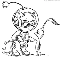 Size: 1000x969 | Tagged: safe, artist:kaemantis, deleted from derpibooru, derpibooru import, silver spoon, earth pony, pikmin, pony, black and white, captain olimar, clothes, cosplay, costume, female, filly, grayscale, lineart, monochrome, red pikmin, signature, simple background, white background
