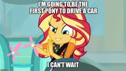 Size: 888x499 | Tagged: safe, derpibooru import, edit, edited screencap, screencap, sunset shimmer, driving miss shimmer, equestria girls, equestria girls series, car, driving miss shimmer: fluttershy, flower, steering wheel