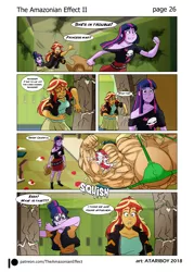 Size: 1681x2344 | Tagged: suggestive, artist:atariboy2600, artist:bluecarnationstudios, derpibooru import, applejack, sci-twi, sunset shimmer, twilight sparkle, comic:the amazonian effect, comic:the amazonian effect ii, equestria girls, abs, apple, applejack's hat, applejacked, biceps, breasts, buff breasts, busty applejack, canterlot high, clothes, comic, cowboy hat, crushing, deltoids, destruction, dialogue, erect nipples, flexing, food, green underwear, hat, image, muscles, nipple outline, overdeveloped muscles, png, run!, twolight, underwear