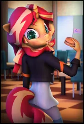 Size: 5400x7980 | Tagged: safe, artist:discorded, artist:imafutureguitarhero, derpibooru import, sunset shimmer, anthro, plantigrade anthro, unicorn, equestria girls, 3d, absurd resolution, adaptation, blushing, border, burger, cafeteria, canterlot high, chair, chromatic aberration, clothes, cute, dress, eating, female, flag, floppy ears, food, freckles, hay, hay burger, horn, jacket, leather jacket, looking at you, looking back, mare, multicolored hair, nose wrinkle, recursive fanart, restaurant, shimmerbetes, signature, solo, source filmmaker, sunset wants her old digestive system back, tail, vertical