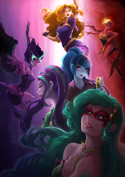 Size: 900x1271 | Tagged: safe, artist:senpainooshiri, derpibooru import, adagio dazzle, aria blaze, gaea everfree, gloriosa daisy, sci-twi, sonata dusk, sunset shimmer, twilight sparkle, demon, equestria girls, equestria girls (movie), friendship games, legend of everfree, rainbow rocks, equestria's monster girls, food, midnight sparkle, red eyes, sonataco, sunset satan, taco, the dazzlings