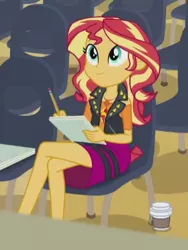 Size: 337x447 | Tagged: safe, derpibooru import, screencap, sunset shimmer, equestria girls, equestria girls series, rarity investigates: the case of the bedazzled boot, clothes, coffee, cropped, crossed legs, geode of empathy, jacket, leather, leather jacket, legs, sitting, skirt, solo