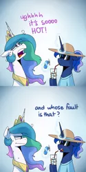 Size: 1200x2400 | Tagged: safe, artist:anticular, derpibooru import, princess celestia, princess luna, alicorn, pony, ask sunshine and moonbeams, comic, dialogue, drink, female, glowing horn, hat, magic, mare, straw, sun hat, sunglasses, sweat, telekinesis