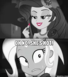 Size: 600x675 | Tagged: safe, derpibooru import, edit, edited screencap, screencap, rarity, trixie, equestria girls, equestria girls series, rarity investigates: the case of the bedazzled boot, image macro, implied lesbian, implied rarixie, lipstick, meme, oh no he's hot, rarity investigates (eqg): trixie, spongebob squarepants, squilliam returns, sweat, trixie yells at everything