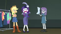 Size: 1280x720 | Tagged: safe, derpibooru import, screencap, applejack, maud pie, rarity, equestria girls, equestria girls series, rarity investigates: the case of the bedazzled boot, applejack's hat, bedazzled boot, boots, cowboy boots, cowboy hat, faic, feather, female, geode of super strength, hat, high heels, magical geodes, pillbox hat, rarity investigates (eqg): applejack, shoes, trio, trio female