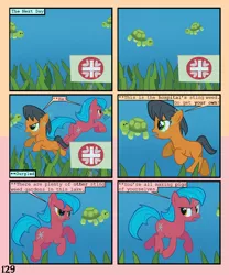 Size: 900x1080 | Tagged: safe, artist:lister-of-smeg, derpibooru import, oc, oc:crosspatch, oc:lazybug, unofficial characters only, earth pony, pony, turtle, comic:zap-o-lantern, colt, comic, female, male, mare, underwater