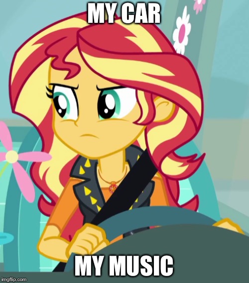 Size: 500x570 | Tagged: safe, derpibooru import, sunset shimmer, driving miss shimmer, equestria girls, equestria girls series, annoyed, cropped, driving miss shimmer: fluttershy, female, flower, fluttershy's car, image macro, meme, seatbelt, solo, steering wheel