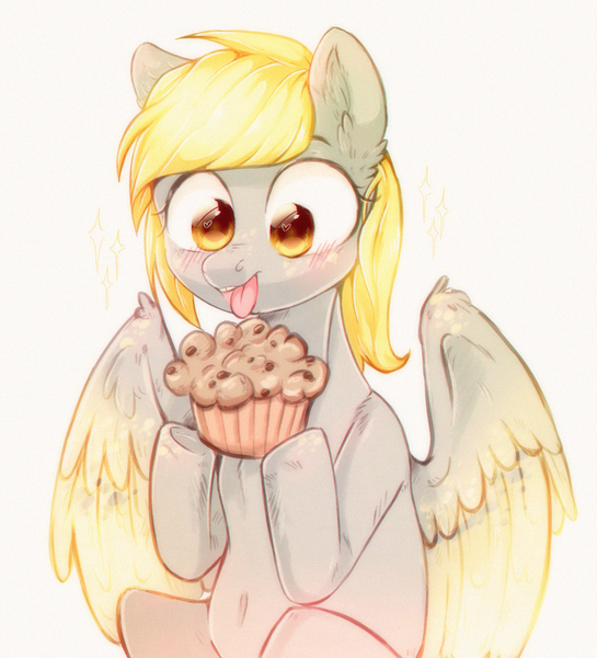 Size: 1963x2160 | Tagged: safe, artist:rizzych, derpibooru import, derpy hooves, pegasus, pony, blushing, female, food, happy, mare, muffin, simple background, solo, tongue out, white background