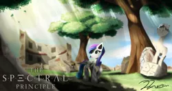 Size: 4096x2160 | Tagged: safe, artist:dranoellexa, derpibooru import, oc, oc:spectral bolt, cat, pegasus, pony, commission, crepuscular rays, freckles, ruins, solo, statue, the talos principle, tree