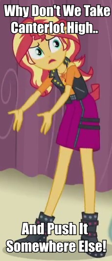 Size: 230x536 | Tagged: safe, derpibooru import, edit, edited screencap, screencap, sunset shimmer, equestria girls, equestria girls series, rarity investigates, rarity investigates: the case of the bedazzled boot, cropped, image macro, meme, push it somewhere else patrick, sandy spongebob and the worm, spongebob squarepants