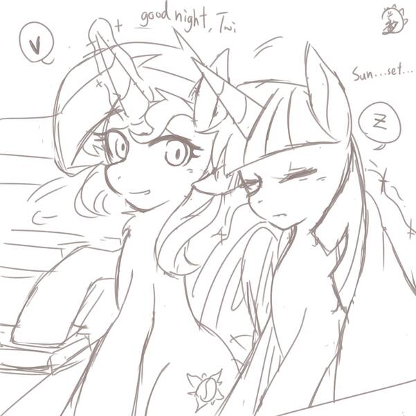 Size: 2048x2043 | Tagged: safe, artist:aka-ryuga, derpibooru import, sunset shimmer, twilight sparkle, twilight sparkle (alicorn), alicorn, unicorn, blanket, cute, eyes closed, female, glowing horn, lesbian, magic, mare, shipping, sleep talking, sleeping, sunsetsparkle, telekinesis, twiabetes, z