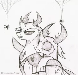 Size: 1638x1594 | Tagged: arachnophobia, artist:rossmaniteanzu, brothers, changedling, changedling brothers, changeling, derpibooru import, duo, gray background, grayscale, king thorax, male, monochrome, pencil drawing, pharynx, pharynx is not amused, pointing, prince pharynx, safe, scared, simple background, spider, thorax, traditional art, unamused