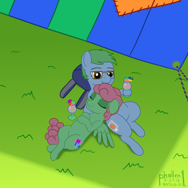 Size: 1500x1500 | Tagged: safe, artist:phallen1, derpibooru import, oc, oc:software patch, oc:windcatcher, unofficial characters only, pegasus, pony, atg 2018, daiquiri, glasses, grass, lying down, nap, newbie artist training grounds, shade, siesta, umbrella drink, windpatch